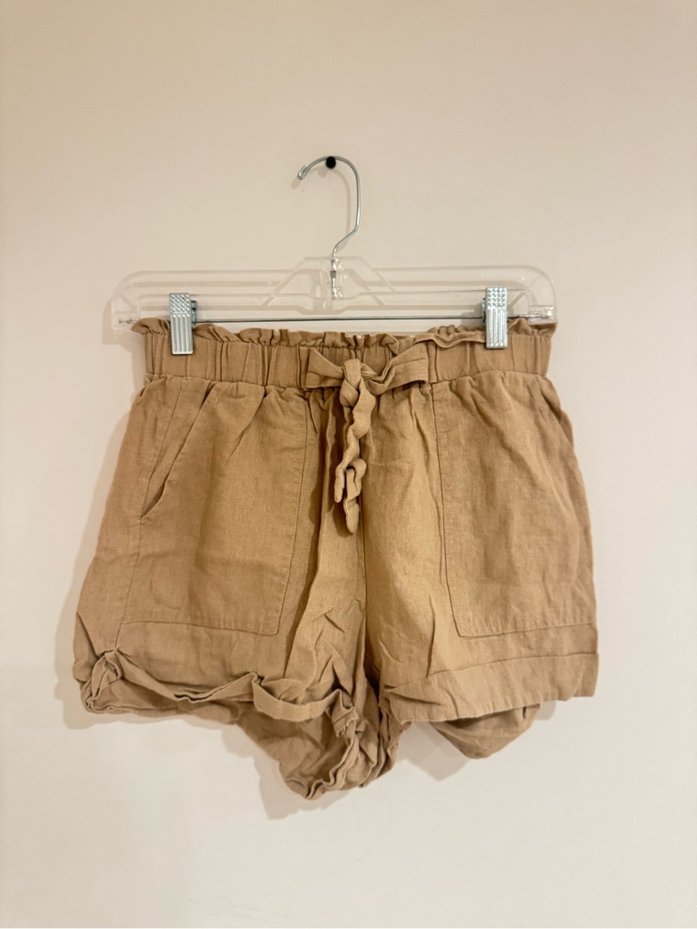 Charlotte Russe High-Waist Paperbag Linen Shorts in Light Brown